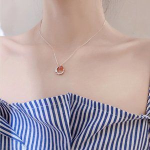925 Sterling Silver Moon Cute Round Strawberry Crystal Necklace Women Jewelry